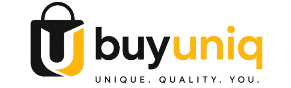 The logo for 'buy uniq' featuring a black and yellow shopping bag icon next to the brand name in black and yellow, with the tagline 'UNIQUE. QUALITY. YOU .
