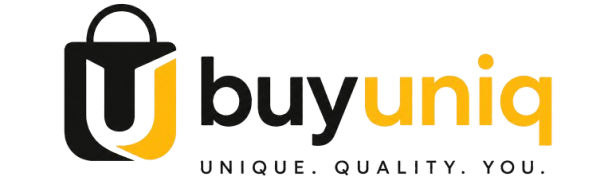 The logo for 'buy uniq' featuring a black and yellow shopping bag icon next to the brand name in black and yellow, with the tagline 'UNIQUE. QUALITY. YOU .